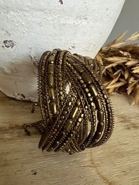 Dark Gold Toned Layered Beaded Woven Cuff Bracelet